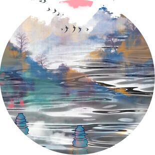 水墨山水圆形写意画