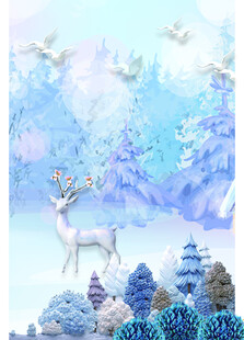 梦幻雪景中的驯鹿与森林