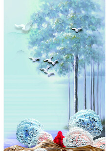 冬日红鸟栖于雪覆树木间
