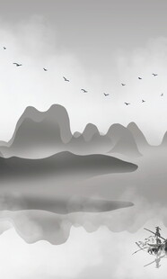 水墨山水间飞鸟掠湖景