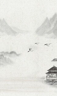 水墨山水间的孤亭飞鸟