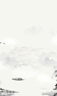 水墨山水间的孤舟飞鸟