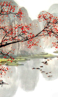 水墨红梅山水景