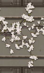 中式窗棂旁的烂漫白花朵