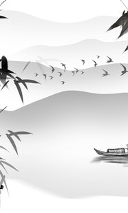 水墨山水间的孤舟飞鸟
