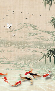 水墨锦鲤游于山水间