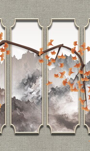 中式屏风上的花鸟山水图