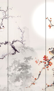 中式水墨梅花屏风画