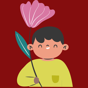 手持花与叶的可爱男孩