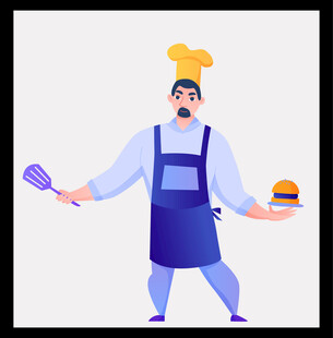 厨师手持厨具与汉堡