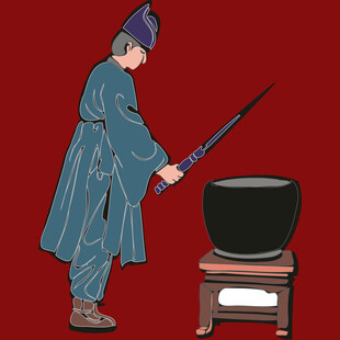 古代人物持棍立于大锅旁