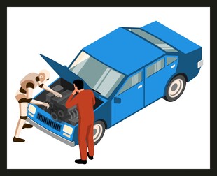 两人检修蓝色汽车