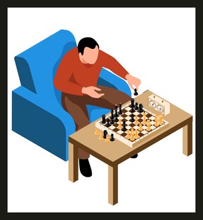 男子惬意地在沙发旁下国际象棋