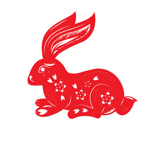 红色剪纸风卧姿兔子图案