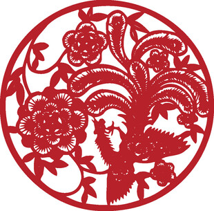 圆形剪纸公鸡与花卉图案