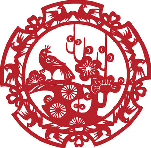 剪纸艺术金鸡报春图景