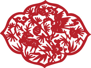 传统剪纸鹿与花卉图案