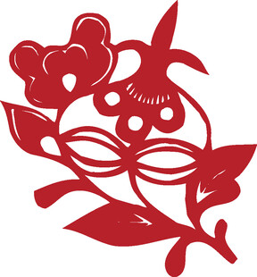 红色剪纸花朵与昆虫图案