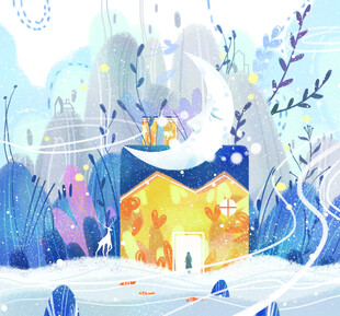 冬日梦幻小屋雪景插画