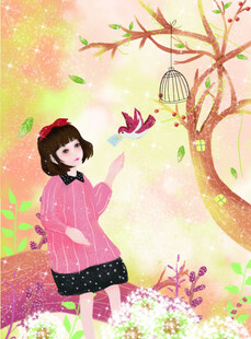 女孩与鸟在梦幻花园场景