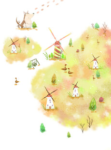 梦幻风车田园插画场景