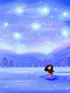 雪地女孩仰望闪烁星空