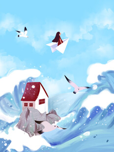 雪浪中的红顶小屋与飞鸟