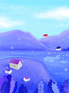 冬日湖畔小屋雪景插画