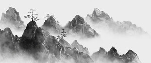 水墨群山间的孤独塔影