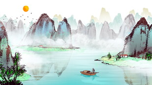 水墨山水间的孤舟美景