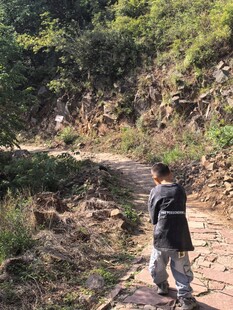 孩童漫步山间石板小路