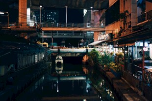 城市夜间河道旁的璀璨景象