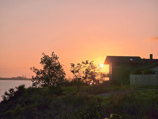 夕阳下的小屋与绿植景观