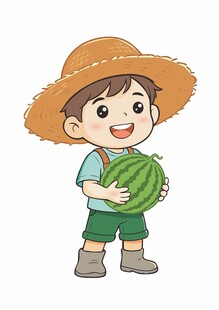 戴草帽男孩抱西瓜