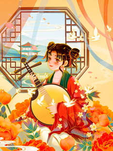 古风少女抚琴赏景图