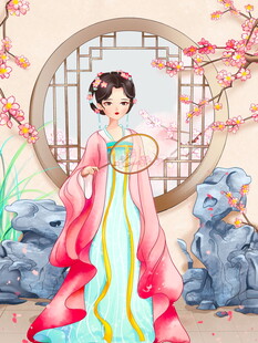 古典美人倚窗赏景