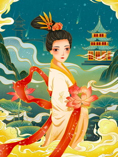 古风嫦娥捧花遨游云海