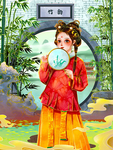 古典汉服女子持扇赏景