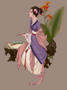 古典美人倚坐赏景