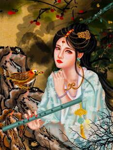 古风美人持杆与鸟相伴