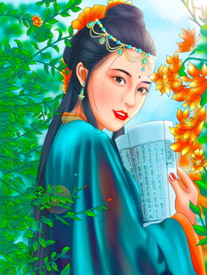 古风女子持书卷赏景