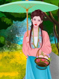 古风女子持伞提篮赏景