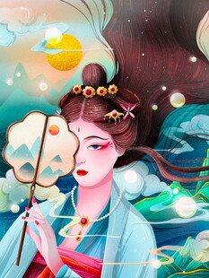古风女子持扇于梦幻星空