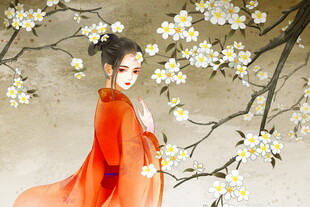 红衣女子于繁花间伫立
