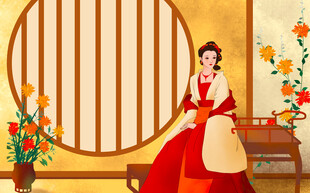 古典红衣女子优雅端坐