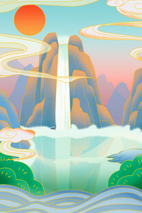 山水间的壮丽日出景观