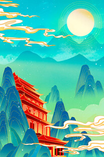 山间古楼映于秀丽山水间