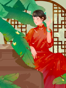 古典旗袍女子于绿植间