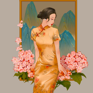 古典旗袍女子与烂漫繁花