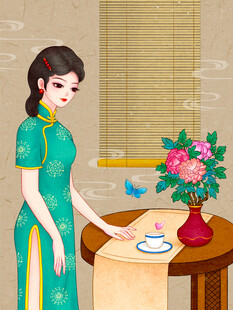 旗袍女子桌边赏景插花